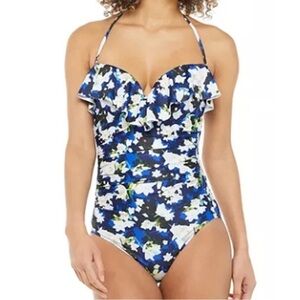 Nicole Miller One Piece Blue Floral Ruffle Swimsuit Convertible Strapless Medium
